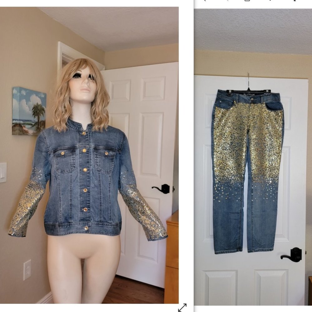 Chico's Platinum Denim Jean Jacket + Jeans Ombre Gold Sequins Size 0